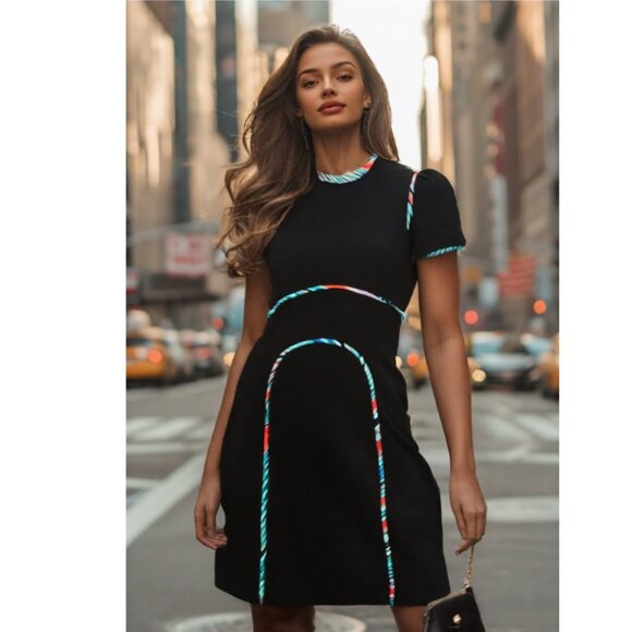 Mary Katrantzou Black Multicolor Contrast Piping Short Sleeve Dress, Size 2 - Picture 1 of 7
